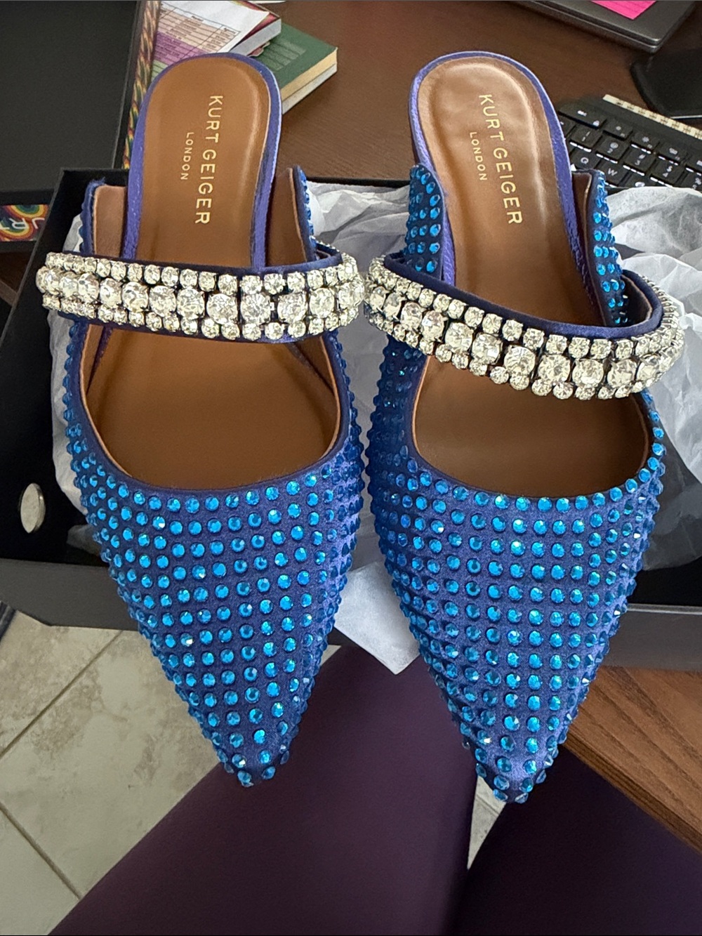 Kurt Geiger Blue Crystal-Embellished Pointed Mules with Rhinestone Strap